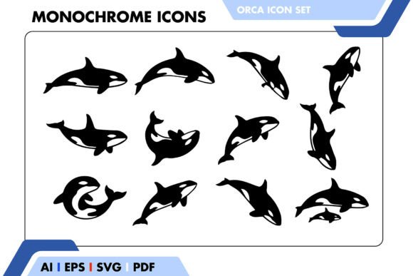 Orca Whale Icon Set – Minimal Black and White Graphics for Modern Design